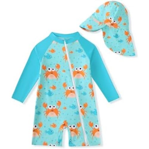 Baby Boy Swimsuit Rash Guard Swimwear Zipper Toddler Boy One Piece Bathing Suit With Hat Sun Protection Sunsuit