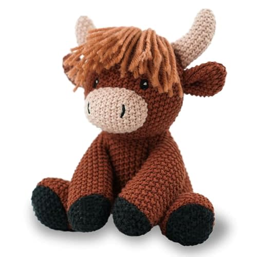 Highland Cow Stuffed Animal 11Inch Hand Knit Highland Cow Plush Toy Handemade Crochet Animals Soft Cotton Stuffed Animal Stuffy Plushie Knitted Animals Cute Baby Doll Birthday Gifts