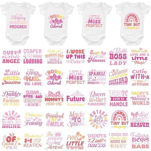 Baby Girl Iron on Transfers, 36 PCS Pink Onesie Decorating Kit Baby Shower, Sweet Bow Heat Transfer Stickers, Iron on Decals for T Shirts Hoodie Bibs Bodysuit Clothing DIY Crafts