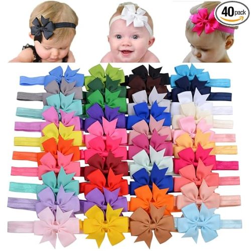 jollybows 40pcs Baby Girls Grosgrain Ribbon Hair Bows Headbands 3" Hair Band Hair Accessories for Infants Newborn Toddler