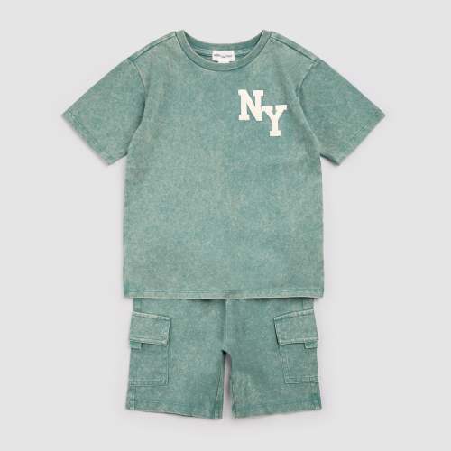 NYC Puff Print on Green Acid Wash Short Set