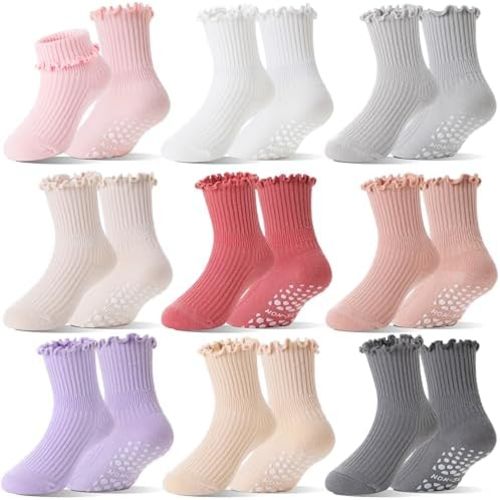 Baby Girls Toddlers Ruffle Grip Socks Uniform School Dress Anti Slip Non Skid Frilly Breathable Crew Cotton Socks 9 Pairs