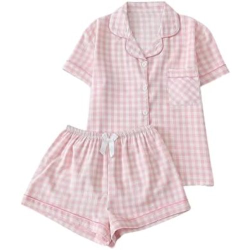 Verdusa Pajamas Sets 2 Piece Gingham Cute Button Down Shirts with Shorts