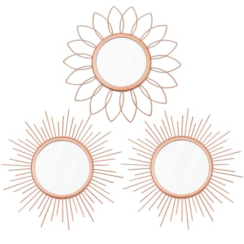 3 Pack Metal Mirrors for Wall Sunburst Wall Mirrors Home Décor Decorative Hanging Wall Art for Living Room Bedroom Entryway (Rose Gold, Flower+Sunburst)
