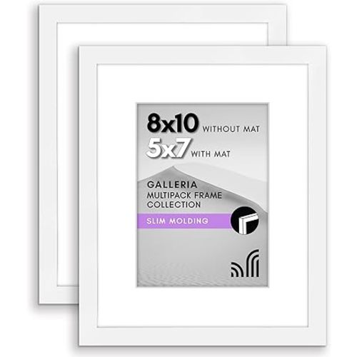 Americanflat 8x10 Picture Frame with Polished Plexiglass - Set of 2 - Use as 5x7 Frame with Mat or Display 8x10 Photo Without Mat - Galleria Collection - Picture Frames for Tabletop and Wall - White