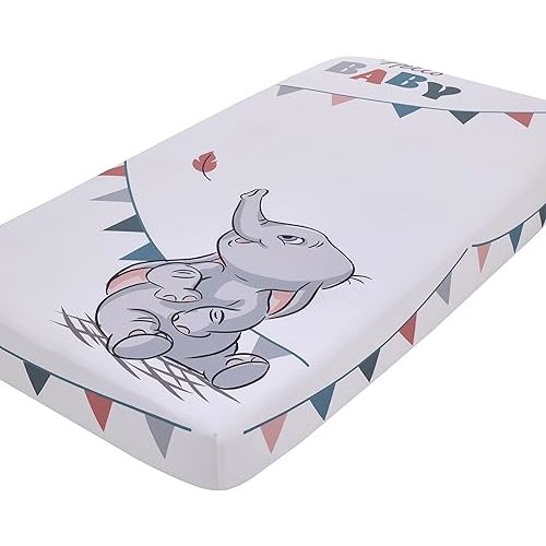NoJo Disney Dumbo Gray, Teal, and White Hello Baby Nursery Photo Op Fitted Crib Sheet