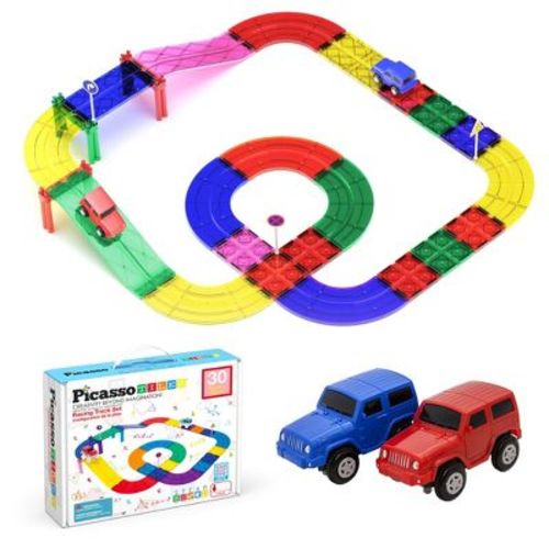 PICASSO-TILES Race Track Magnetic Tiles for Kids with 2 Racing Cars – 30PCS STEM Construction Building Blocks Educational Toy Set