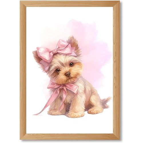 Cute Yorkshire Terrier Puppy Pink Bows Poster Canvas Wall Art, Exquisite Art Print for Living Room Bedroom Home Decor, Whimsical Dog Painting Pictures Wall Decor (Wood Framed,12L X16W)