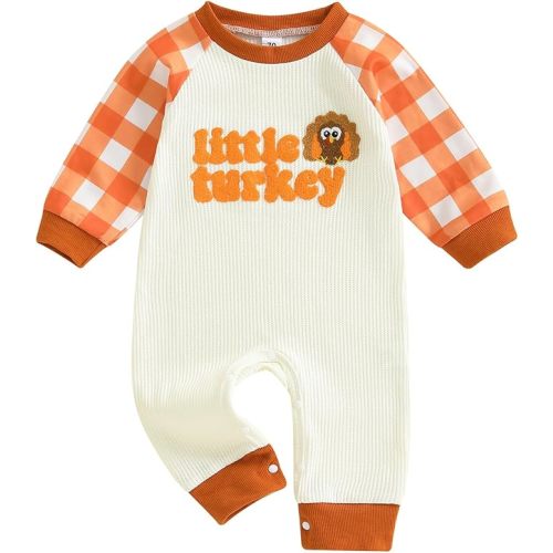 SAYOO Newborn Baby Girl Boy Thanksgiving Halloween Outfit Pumpkin Turkey Embroidered Contrast Waffle-Knit Romper Jumpsuit