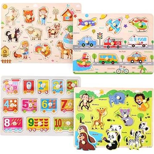 OundarM 4 Pack Wooden Peg Puzzles Board Montessori Toys for Kids Toddlers, Farm Animal Transport Numbers Theme Wooden Jigsaws, Learning & Education Puzzle Toy for Birthday Christmas Boys Girls