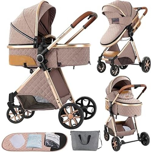 2 in 1 Baby Stroller with Bassinet Reversible Portable Standard Baby Stroller Convertible Pushchair Infant Buggy Baby Carriage Foldable High Landscape Pram for Toddler Newborn (2USV9-KHAKI)