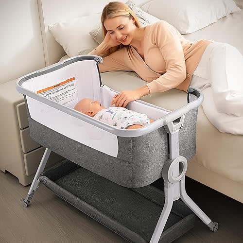 Larex Baby Bassinet, Baby Bassinet Bedside Sleeper with Storage Basket and Wheels, Height Adjustable Portable Crib for Newborn Infant, Easy Assemble and Folding(Grey)