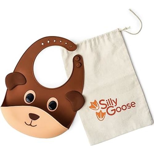 Silly Goose Silicone Animal Baby Bibs for Babies and Toddlers, Waterproof, Adjustable, Soft, Extra Wide Food Catcher Pocket (Baby Bear)