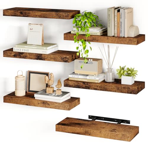 Fixwal 15.8in Floating Shelves, Set of 6 Wood Shelves, Farmhouse Shelf Wall Decor for Bathroom, Bedroom, Living and Kitchen Room (Rustic Brown)