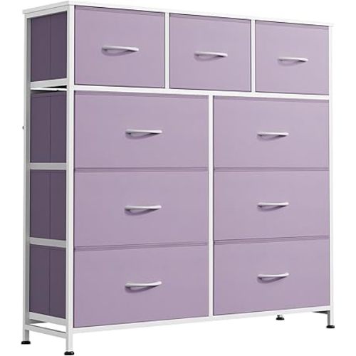 WLIVE 9 Drawer Dresser, Fabric Storage Tower for Bedroom, Hallway, Closet, Tall Chest Organizer Unit for Bedroom with Fabric Bins, Steel Frame, Wood Top, Easy Pull Handle, Purple