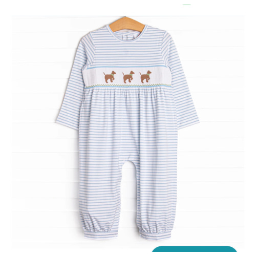 Puppy Present Smocked Romper, Blue – Stitchy Fish