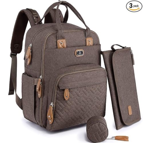 Dikaslon Diaper Bag Backpack with Portable Changing Pad, Pacifier Case and Stroller Straps, Large Unisex Baby Bags for Boys Girls, Multipurpose Travel Back Pack Moms Dads, Brown