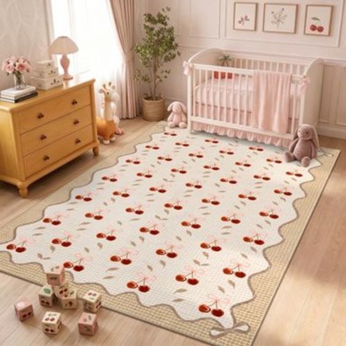 5'x7' Coffee Cherry Bow Area Rug, Cute Scalloped Border Decorative Rug, Soft Non‑Slip Low‑Pile Accent Rugs for Living Room Bedroom Home Decor