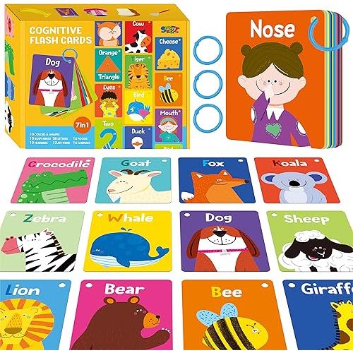 50 PCS Kid First Cognitive Flashcards,Double Sided Printed 7 in 1 Colorful Cards Alphabet,Numbers, Foods,Animals,Shapes,Colors with 3 Reclosable Rings,Learning Tool for Pre-K Kindergarten Toddlers