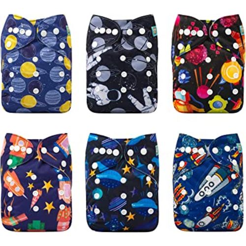 ALVABABY Baby Cloth Diapers 6 Pack with 12 Inserts One Size Adjustable Washable Reusable for Baby Girls and Boys 6DM50-DA