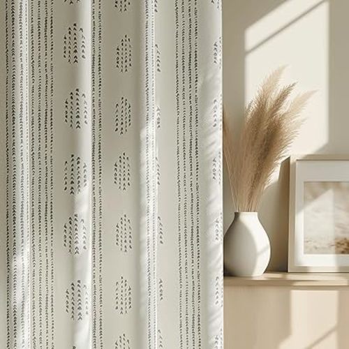 100% Boho Blackout Curtains 84 Inches Long for Bedroom, Grey on Beige Patterned Bohemian Curtains for Living Room, Geometric Striped Thermal Insulated Window Drapes Gromment Top 2 Panels