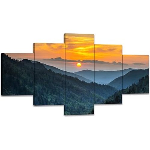 Forest Sunrise Wall Art Decor Great Smoky Mountains Photo Prints National Park Landscape Canvas Painting Artwork Framed for Bedroom Living Room (60Wx32H)