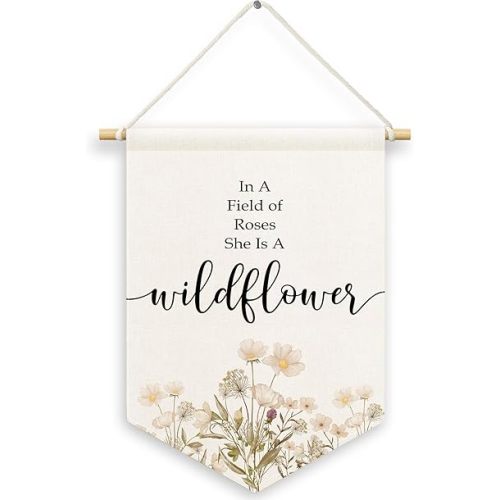 Nursery Wildflower Girly Kids Room Decor, Inspirational Banner Canvas, Floral Flower Wall Hanging Frame Decor Art Pennant Flag for Baby Girl Toddler Room Playroom 11x15in