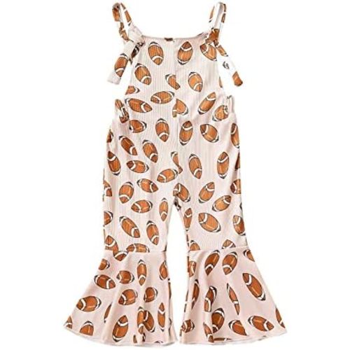 Baby Girl Toddler Ribbed Football Game Day Bell Bottom Overalls Knot Strap Kids One Piece Jumpsuit Romper