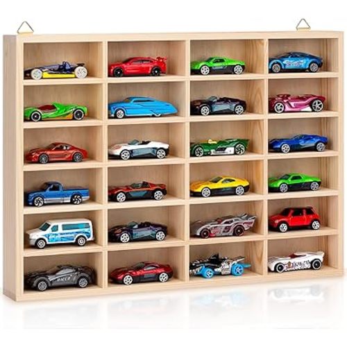 Stylish Wood Toy Cars Display Case, Wall-Mountable Organizer for Toy Cars and Matchbox Cars, Includes Hanging Screws (Wood-24 Slots)