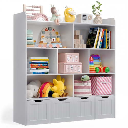 Noelse Toy Storage Cabinet and Kids Bookcase with 4 Movable Drawers and 8 Open Shelves Toy Chest Shelf Organizer with Hidden Wheels for Playroom Nursery Kids Room,Gray
