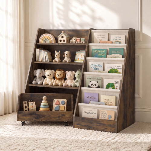 Scohul 3-in-1 Kids Bookshelf and Toy Organizer, Walnut with Rolling Bin