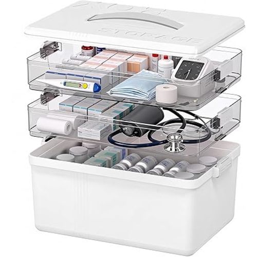 Citylife 3-Tier Medicine Cabinet Organizer,Medicine Cabinet First Aid Kit with Handle,Portable Multi-Purpose Storage Box Suitable for Family Emergency,Home,Travel,White