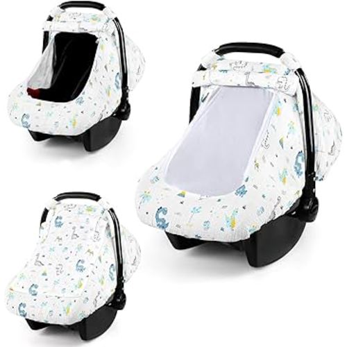 Car Seat Cover Baby, HNHUAMING Muslin Cotton Carseat Covers for Babies Girls Boys Summer Infant Car Seat Covers Canopy, Cozy Newborn Carseat Covers Stroller Cover with Breathable Mesh Window, Dinosaur