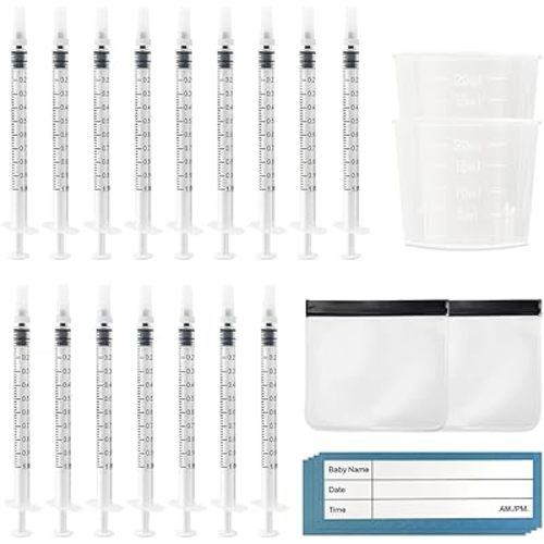 50 Sets Colostrum Collector Kit, including 50Pcs 1ml Colostrum Syringes with Cap (Individually Sealed), 2Pcs Colostrum Collection Measuring Cups(20ml), 2Pcs Storage Bags and 50Pcs Labels