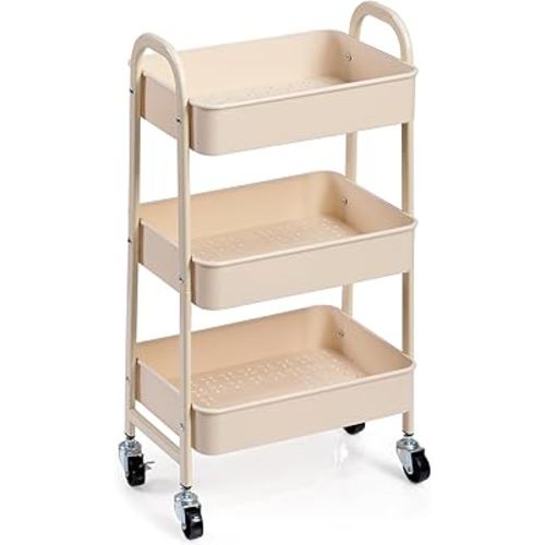 AGTEK 3-Tier Rolling Carts with Wheels, Rolling Utility Cart with Iron Frame for Kitchen, Plastic Shelves, Living Room, Office, Beige
