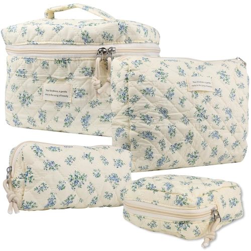 VIWIME Makeup Cosmetic Bag, Large Cotton Quilted Travel Coquette Aesthetic Cute Floral Make up Bag for Women Toiletry Bag Organizer(Blue Rose/4Pcs)