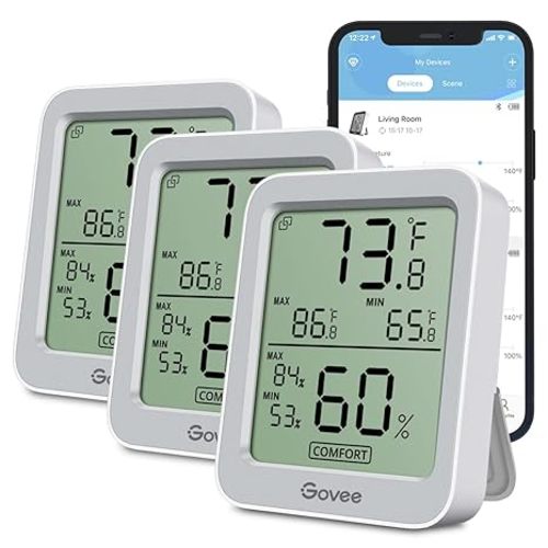 Govee Indoor Hygrometer Thermometer 3 Pack, Bluetooth Humidity Temperature Gauge with Large LCD Display, Notification Alert with Max Min Records, 2 Years Data Storage Export, Grey