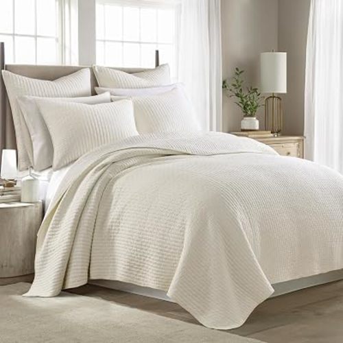 Levtex Home Cross Stitch Reversible Full/Queen Quilt Set (88x92in) with 2 Pillow Shams (26x20in) - Stitch Texture - Cream - Cotton Full/Queen Size Quilt Bedding Set - Lightweight, Soft, Pre-Washed