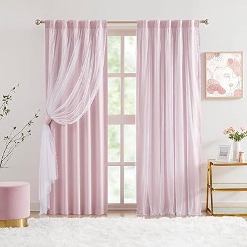 Bujasso Pink Blackout Curtains with Sheer Overlay Mix and Match Double Layer 80% Room Darkening Window Treatment Set for Girls Bedroom Pink Drapes with Tiebacks Rod Pocket Back Tab 37" Wx84 Lx2