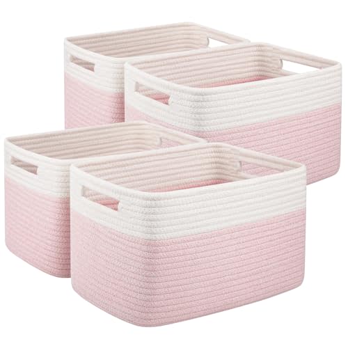 OIAHOMY 4 Pack Storage Baskets for Organizing, Basket for Shelves with Handle, Woven Baskets for Storage Toys, Towels, Books, Cotton Rope Basket 13" L x 9 " W x 7.8 " H, Pink & White