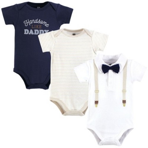 Hudson Baby Infant Boy Cotton Bodysuits, Beige Navy Suspender, 9-12 Months