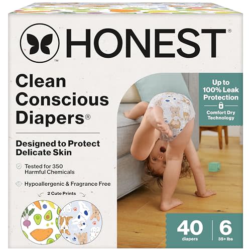 The Honest Company Clean Conscious Diapers for Delicate Skin | Up to 100% Leakproof | Hypoallergenic, Fragrance Free | Gender Neutral | Club Box, Size 6 (35+ lbs), 40 Count (Prints May Vary)