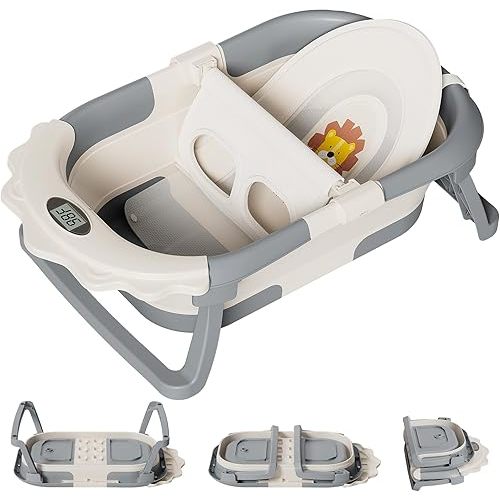 TPN 4-in-1 Grow-with-Me Collapsible Baby Bathtub, Baby Tub for Newborns to Toddler with Soft Floating Cushion & Thermometer, Portable Baby Bath Tub, Infant Bathtub for Bath Support in Tub,Grey