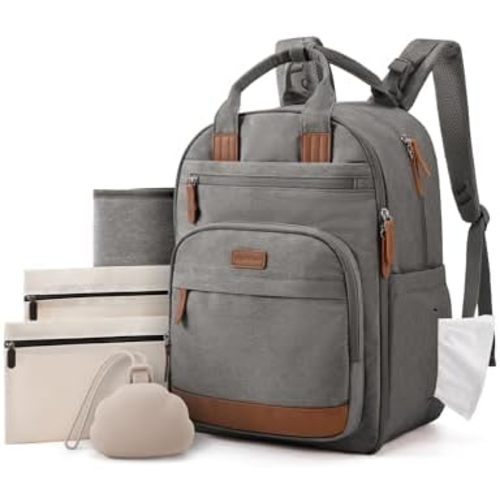 mommore Diaper Bag Backpack with Waterproof Changing Pad, Insulated Bottle Holders & Pacifier Case, Baby Diaper Bag with 2 Organizer Pouches, Stroller Straps, Dark Gray