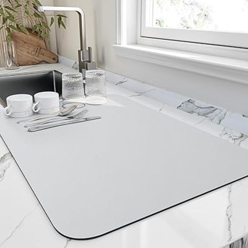 HotLive Dish Drying Mat for Kitchen Counter, Heat Resistant Drainer Mats with Non-slip Rubber Backed, Hide Stain Kitchen Super Absorbent Draining Mat, Easy to Clean Dish Rack Pad, Light Grey 16"x18"