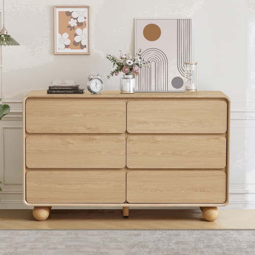 YOCWO 6 Drawer Dresser for Bedroom, Mid Century Chest of Drawers with Arc Edge and Round Leg, Wood Storage Large Dresser Organizer for Bedroom Living Room Hallway Closet, Natural