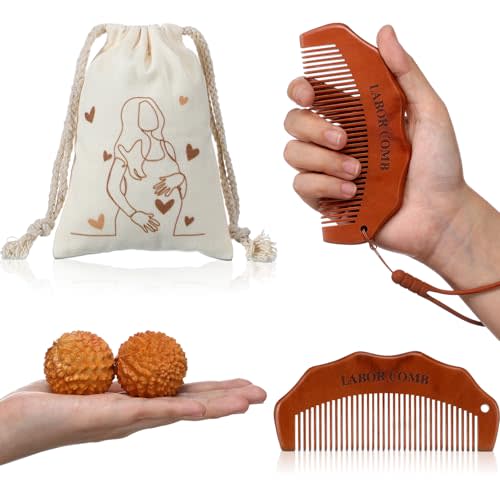 Afarnook 4 Pcs Birthing Comb Gifts Set Includes Wooden Labor Comb Acupressure Massage Ball Canvas Bag for Pregnant Women Labor Pain Relief Essentials New Mom Positive Encouragement Gifts