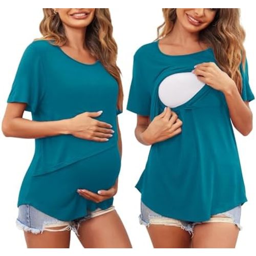 Ekouaer Women Short Sleeve Nursing Shirts Soft Maternity Tops Double Layer Breastfeeding Blouse Round Neck Pregnancy Clothes