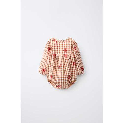 EMBROIDERED FLORAL GINGHAM ROMPER - Brick | ZARA United States