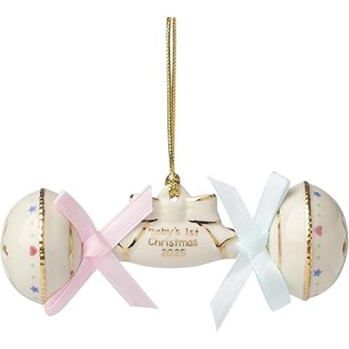 Lenox Ornament, 2025 Babys 1st Christmas Rattle Ornament, Porcelain with Gold Accents and Hanging Cord, Christmas Decorations, Blue/Pink Ribbons, Winter Tree Decor, Winter Decor (Cream, 1 Piece)